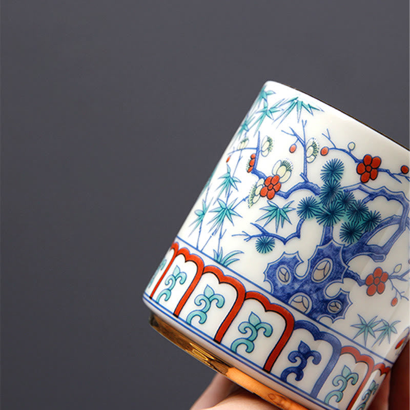 Vintage Plum Blossom Pine Bamboo Phoenix Kirin Lion Dancing Ceramic Teacup Tea Cups