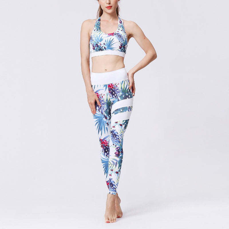 2Pcs Sunflower Flowers Leaves Print Top Pants Sports Fitness Yoga Women's Yoga Sets