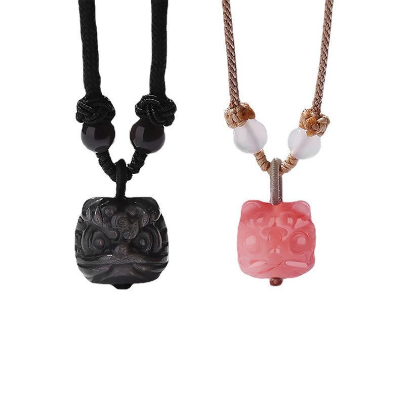 Natural Silver Sheen Obsidian Red Agate Dancing Lion Protection Necklace Pendant