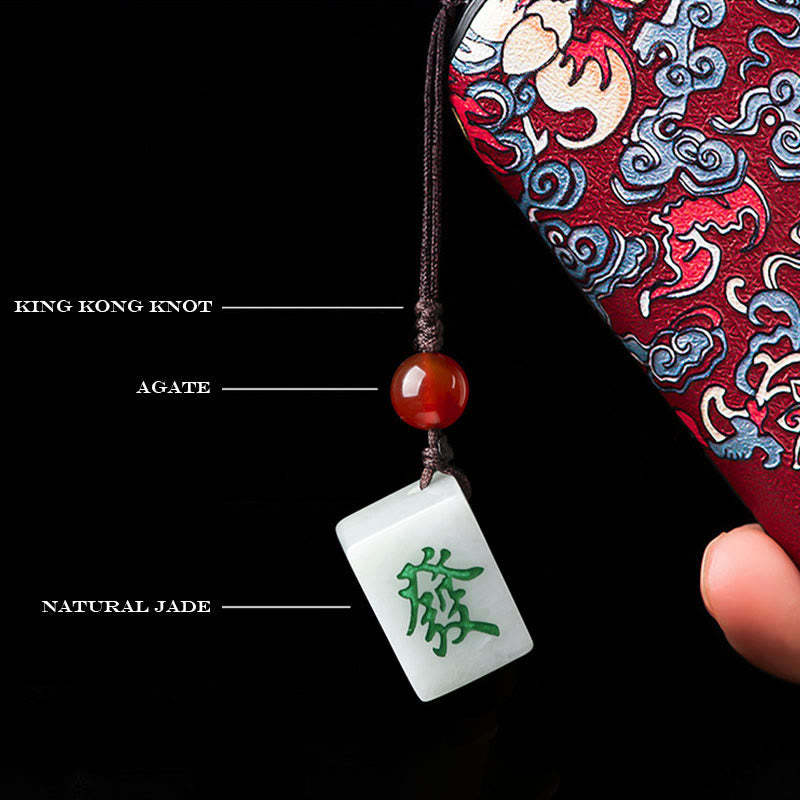 Natural Jade Mahjong Fa Character Wealth Prosperity Phone Hanging Key Chain Decoration