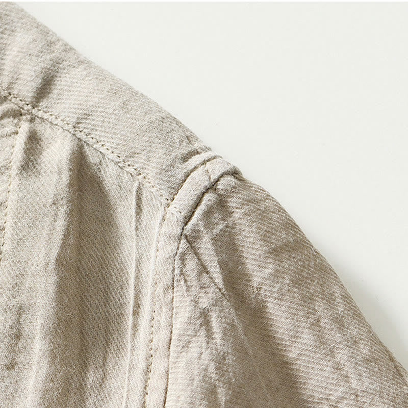 Causal Plain Lapel Ramie Linen Half Button Men's Shirt