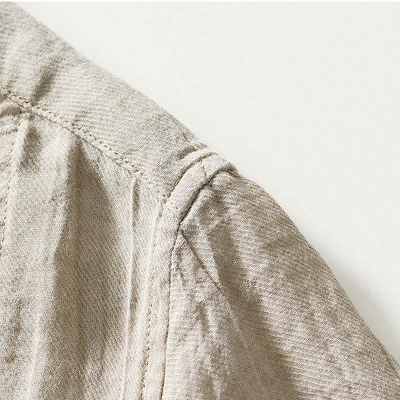 Causal Plain Lapel Ramie Linen Half Button Men's Shirt