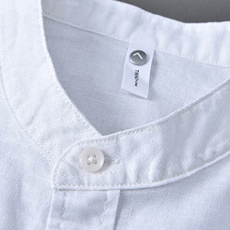 Men's Long Sleeve Stand Collar With Pocket Pure Color Casual Cotton Linen Shirt