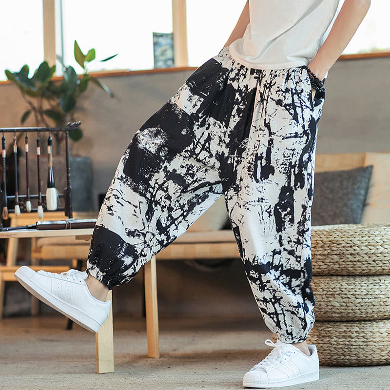 Black White Ink Design Cotton Linen Drawstring Men's Harem Pants With Pockets