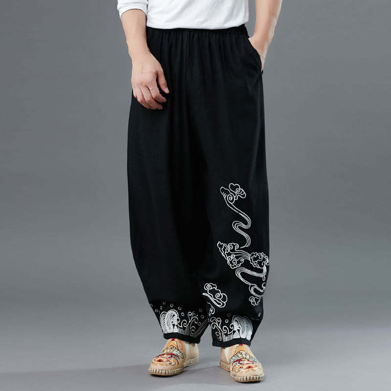 Clouds Elastic Waist Ethnic Cotton Men's Pants With Pockets