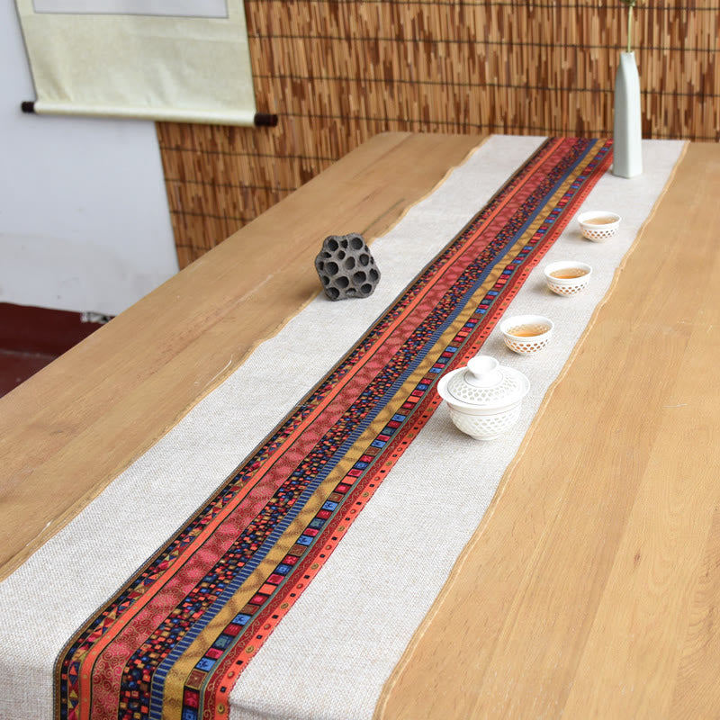 Classic Chinese Style Lotus Koi Fish Flower Crane Calligraphy Enlightenment Cotton Linen Tassels Table Runner