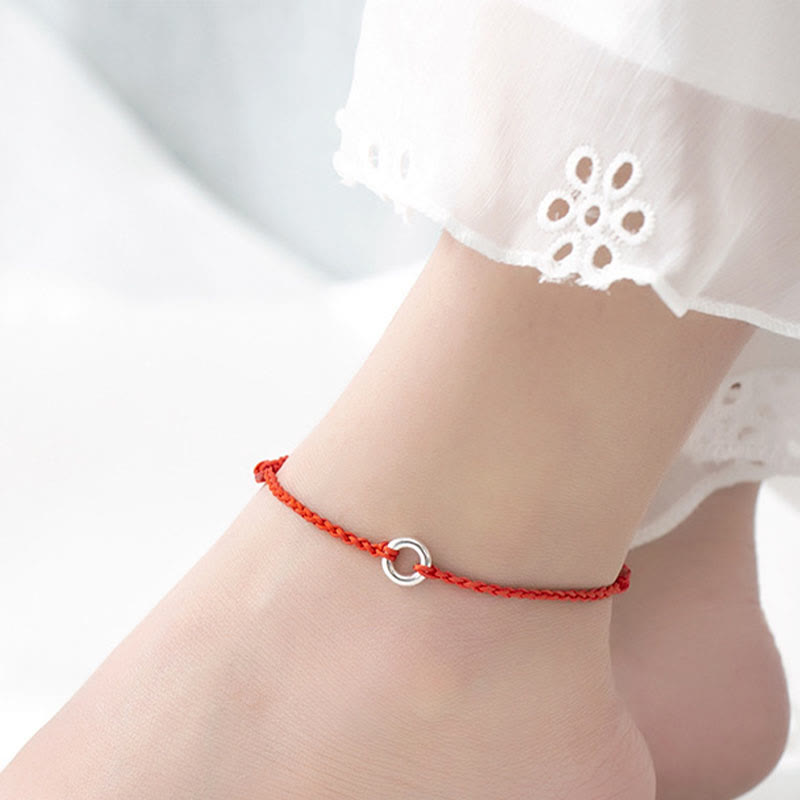925 Sterling Silver Peace Buckle Luck String Braid Rope Anklet