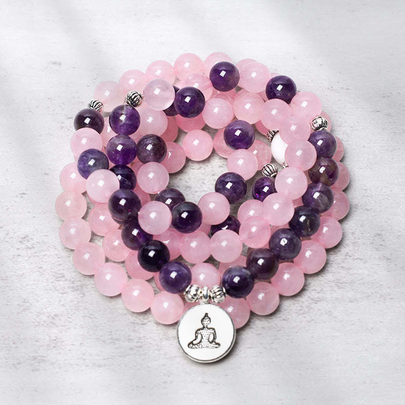 Natural Rose Quartz & Amethyst Mala Bead Lotus Pendant Bracelet