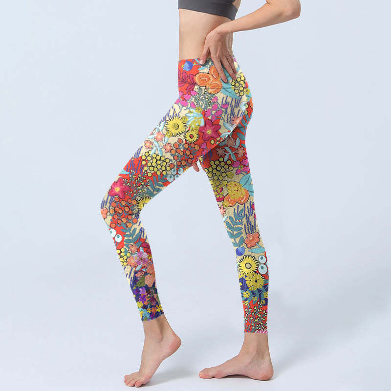 Colorful Flowers Leaves Print Gym Fitness Leggings Women's Yoga Pants