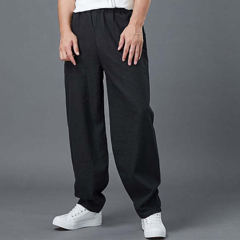 Plain Color Elastic Waist Ramie Linen Men's Pants With Pockets