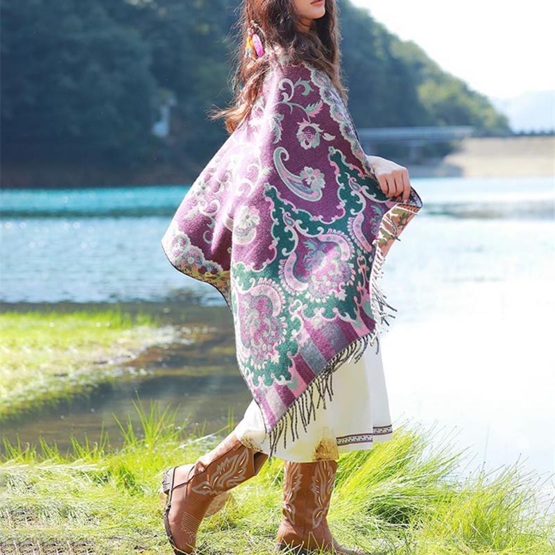 Tibetan Flowers Leaves Branch Design Tassel Shawl Cozy Travel Scarf Wrap