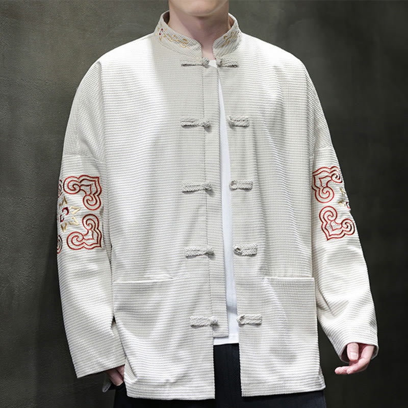 Men's Frog-Button Tang Suit Corduroy Cotton Embroidery Long Jacket Shirt With Pockets