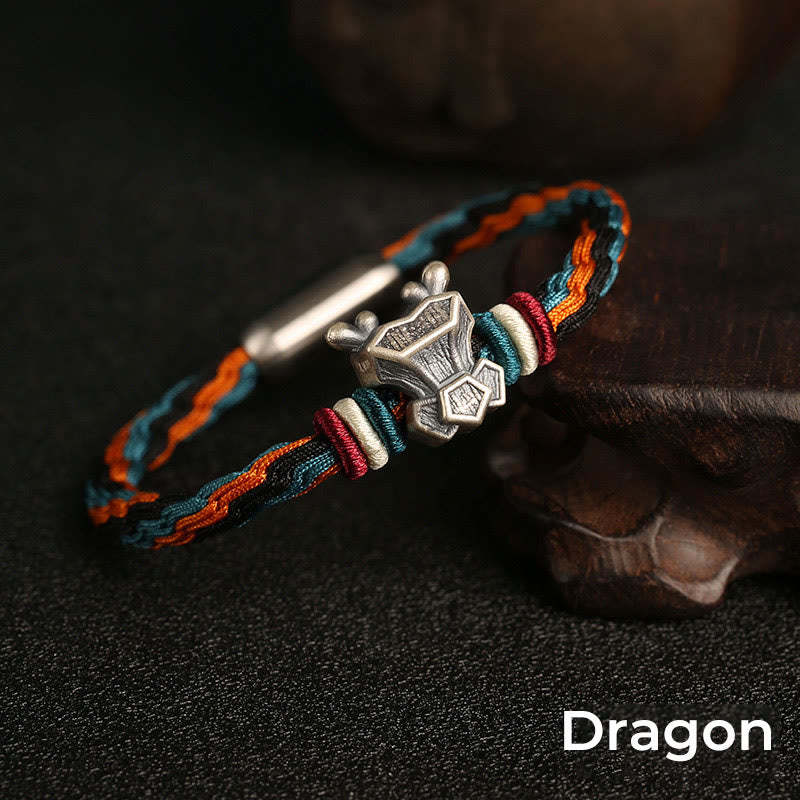 Handmade 999 Sterling Silver Year of the Dragon Chinese Zodiac Protection Colorful Reincarnation Knot Rope Bracelet