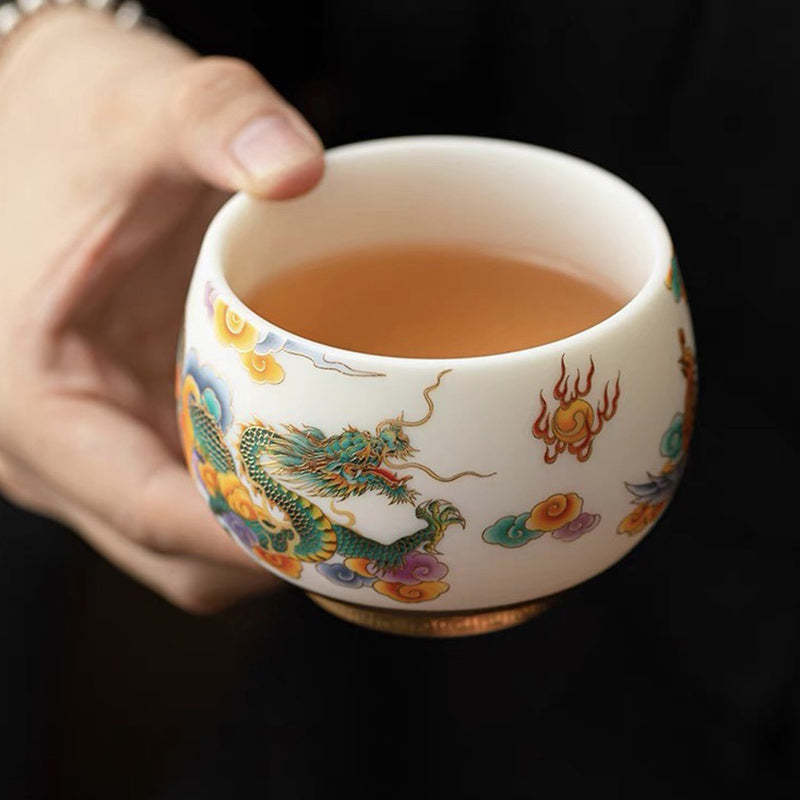 Dragon Phoenix Auspicious Clouds Ceramic Teacup Kung Fu Tea Cup
