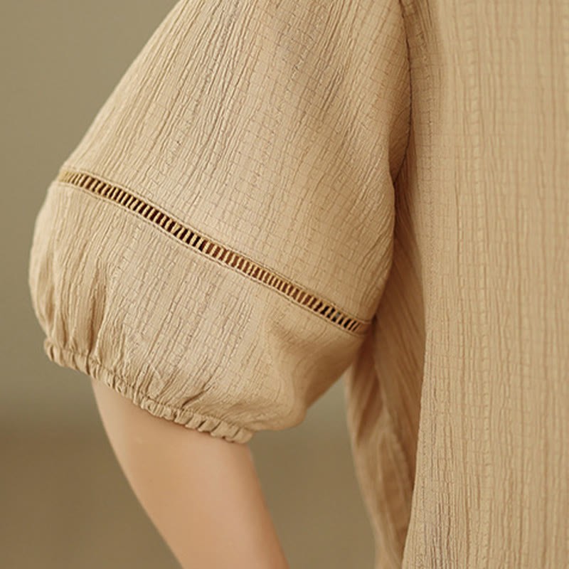 Summer Casual Pure Half Puff Sleeve Half Button V-neck Women's T-Shirt
