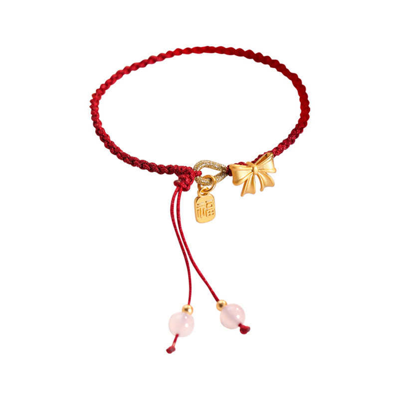 Handmade Peach Blossom Rosette Bow Knot Fu Character Charm Luck Fortune Red Rope Bracelet