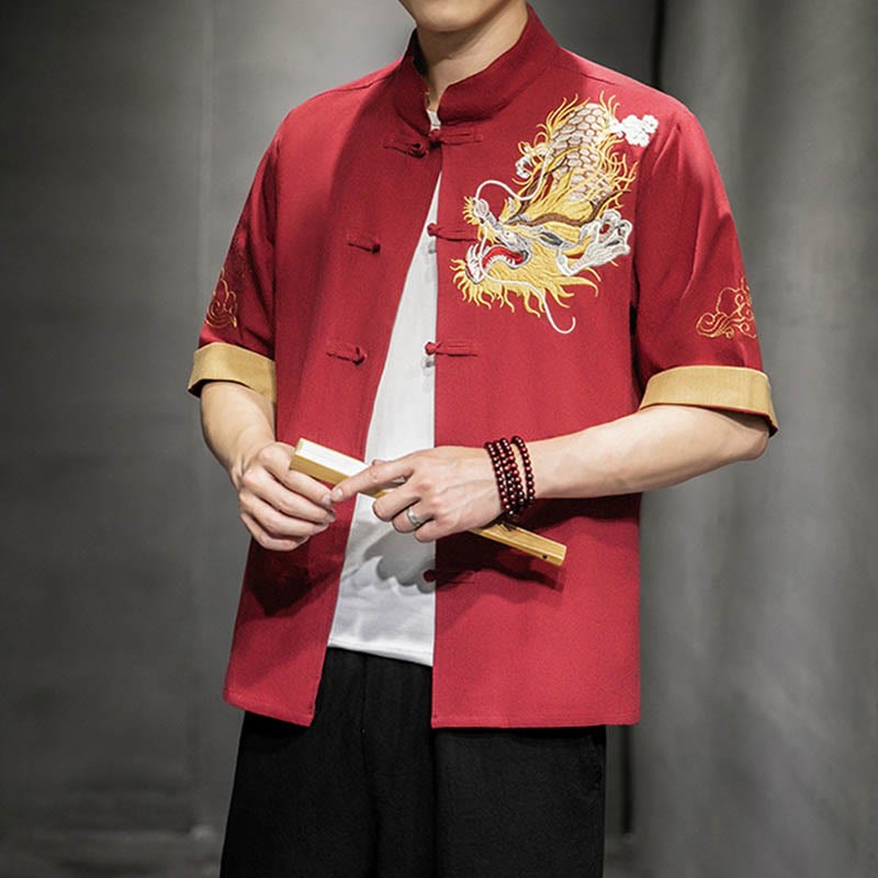 Frog-Button Chinese Dragon Auspicious Cloud Embroidery Half Sleeve Shirt Cotton Linen Men Clothing