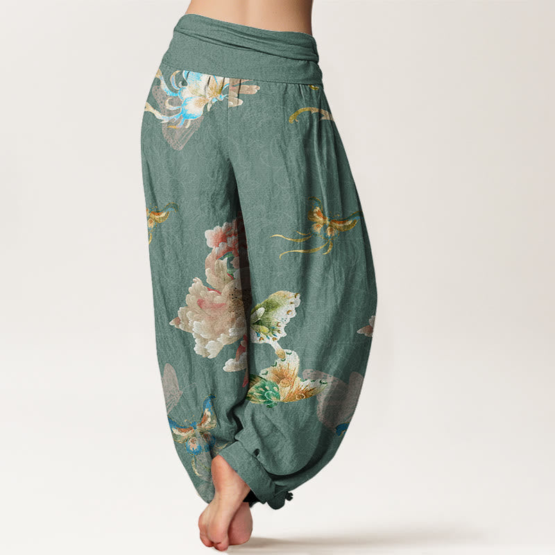 Chrysanthemums Butterflies Pattern Women's Elastic Waist Harem Pants