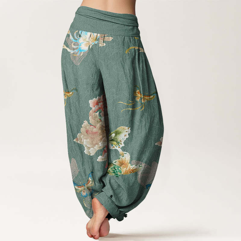 Chrysanthemums Butterflies Pattern Women's Elastic Waist Harem Pants