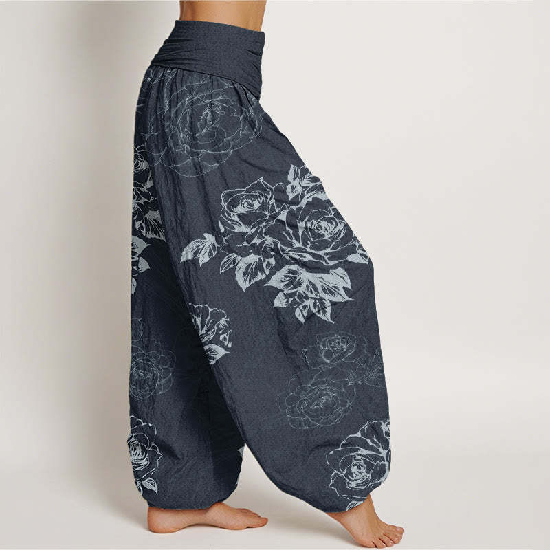 Casual Rose Peony Flowers Women's Elastic Waist Harem Pants
