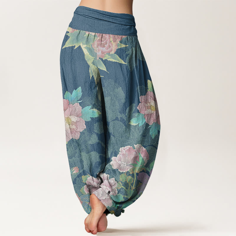 Big Pink Peonies Green Leaves Women's Elastic Waist Harem Pants