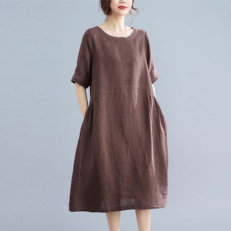 Casual Loose Solid Color Cotton Linen Crew Neck Half Sleeve Design Midi Dress With Pockets