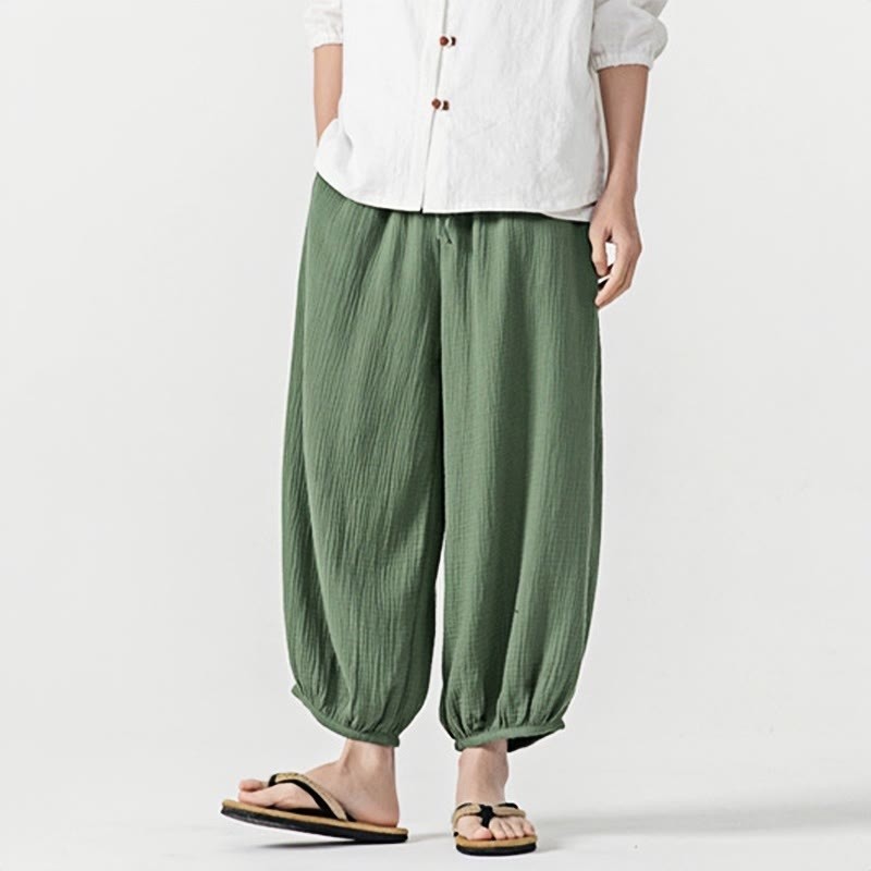 Soft Solid Color Drawstring Cotton Men's Pants With Pockets
