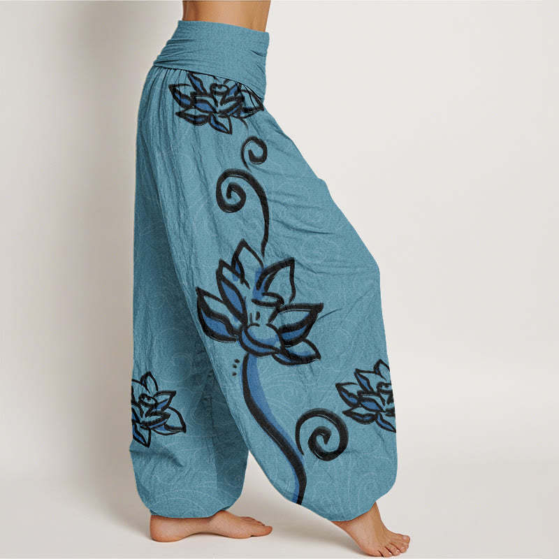 Casual Lotus Auspicious Clouds Design Women's Elastic Waist Harem Pants