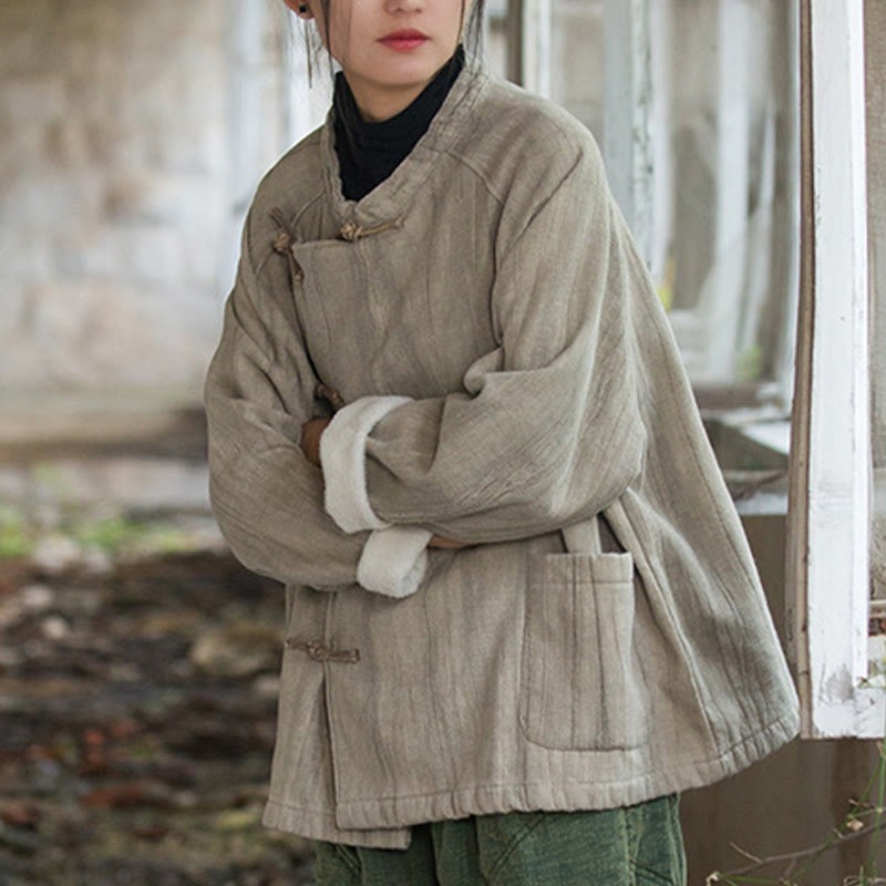 Solid Color Frog-button Thermal Long Sleeve Ramie Linen Women's Shirt