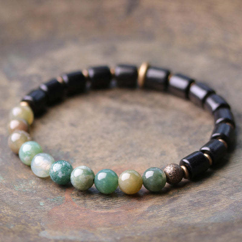 Ebony Wood Red Jasper Moss Agate Crystal Copper Peace Couple Bracelet