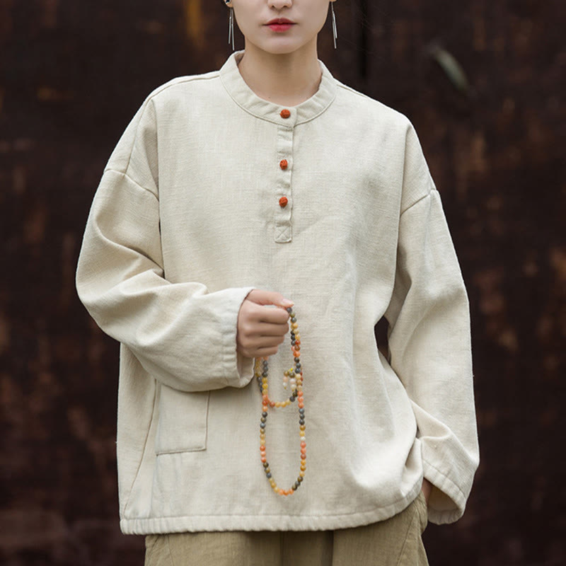 Retro Solid Color Thermal Long Sleeve Ramie Linen Women's Shirt