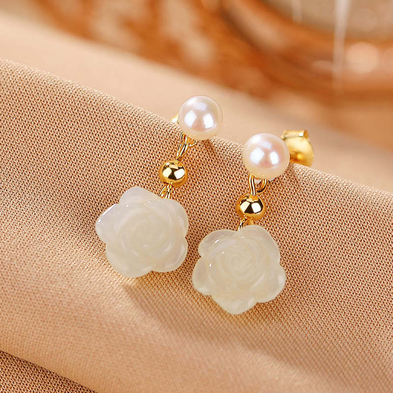 925 Sterling Silver Plated Gold Jade Rose Flower Cyan Jade Pearl Luck Earrings