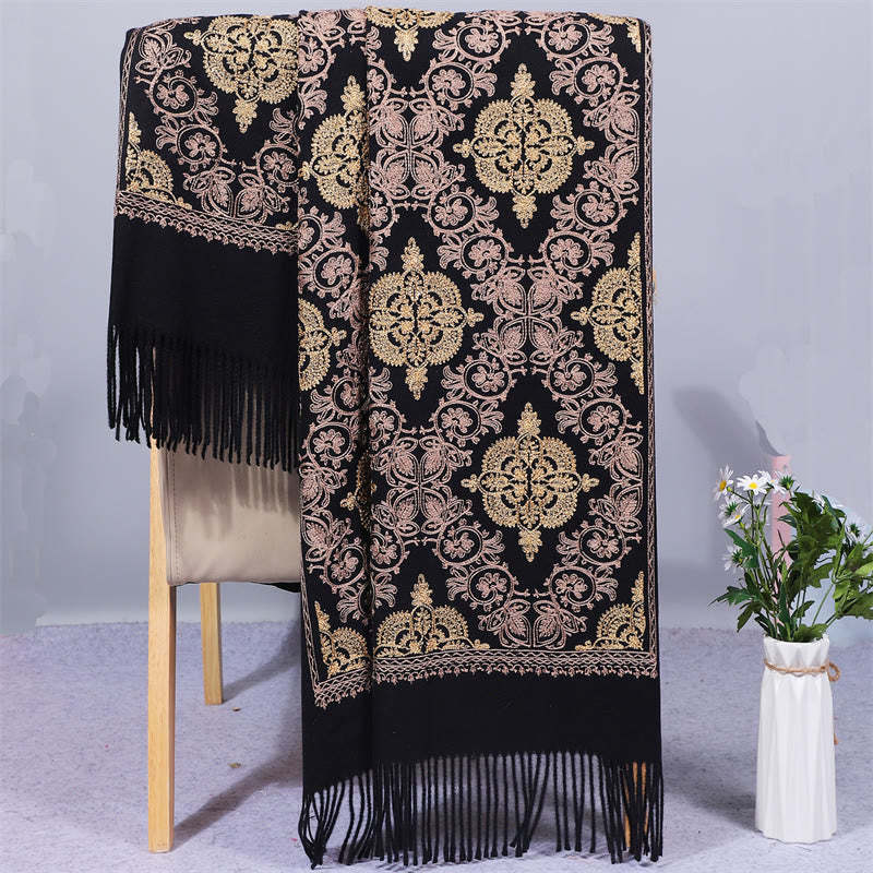 Polyester Shawl Symmetry Gold Filigree Embroidery Tassel Winter Cozy Travel Scarf Wrap