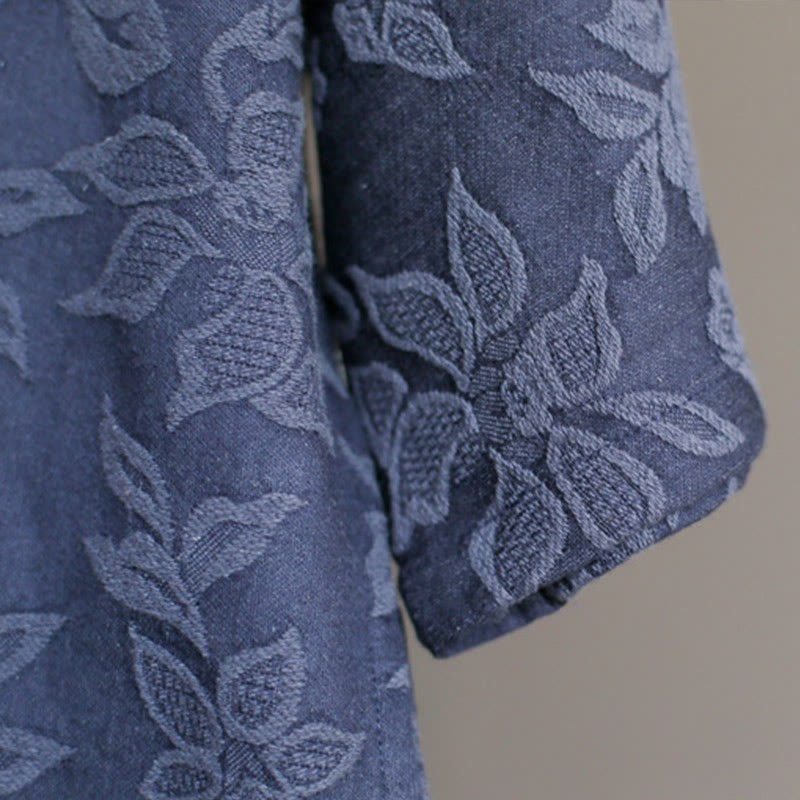 Blue Flowers Embroidery Jacquard Midi Dress Three Quarter Sleeve Cotton Dress With Pockets