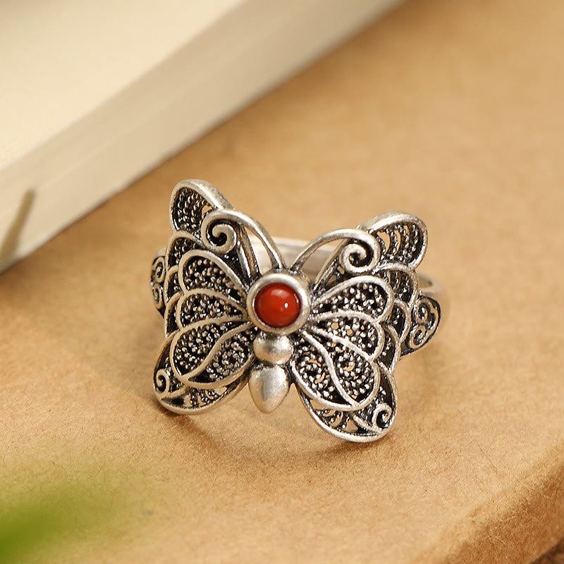 925 Sterling Silver Red Agate Butterfly Self-acceptance Ring Earrings Set
