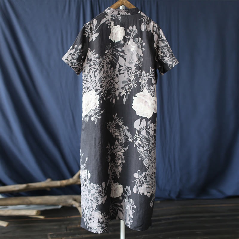 Ramie Linen Blue Flowers Leaves Cheongsam Dresses Short Sleeve Dress