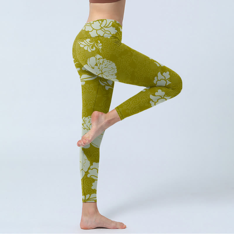 Monochrome Flowers Print Gym Leggings Women's Yoga Pants