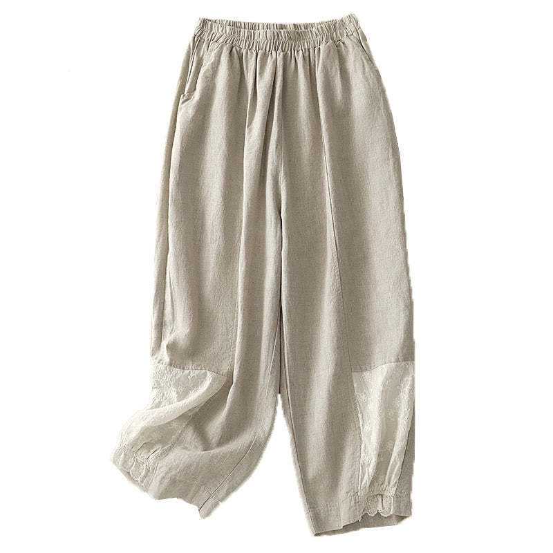 Casual Embroidery Patchwork Fabric 7-8 Length Cropped Pants Women's Cotton Harem Pants With Pockets