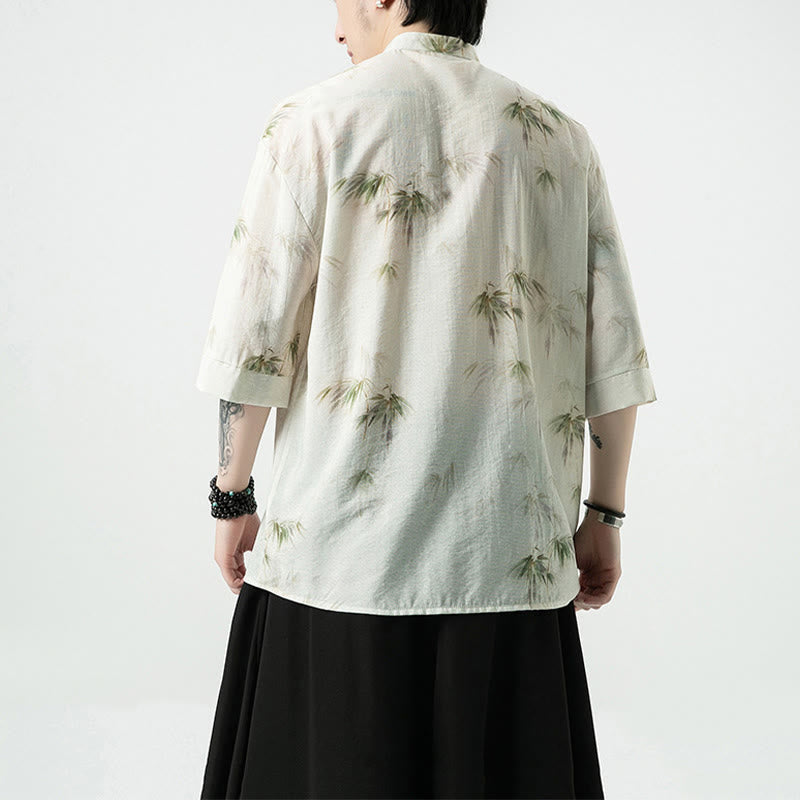 Green Yellow Bamboo Leaves Print Half Sleeve Shirt Men's T-shirt