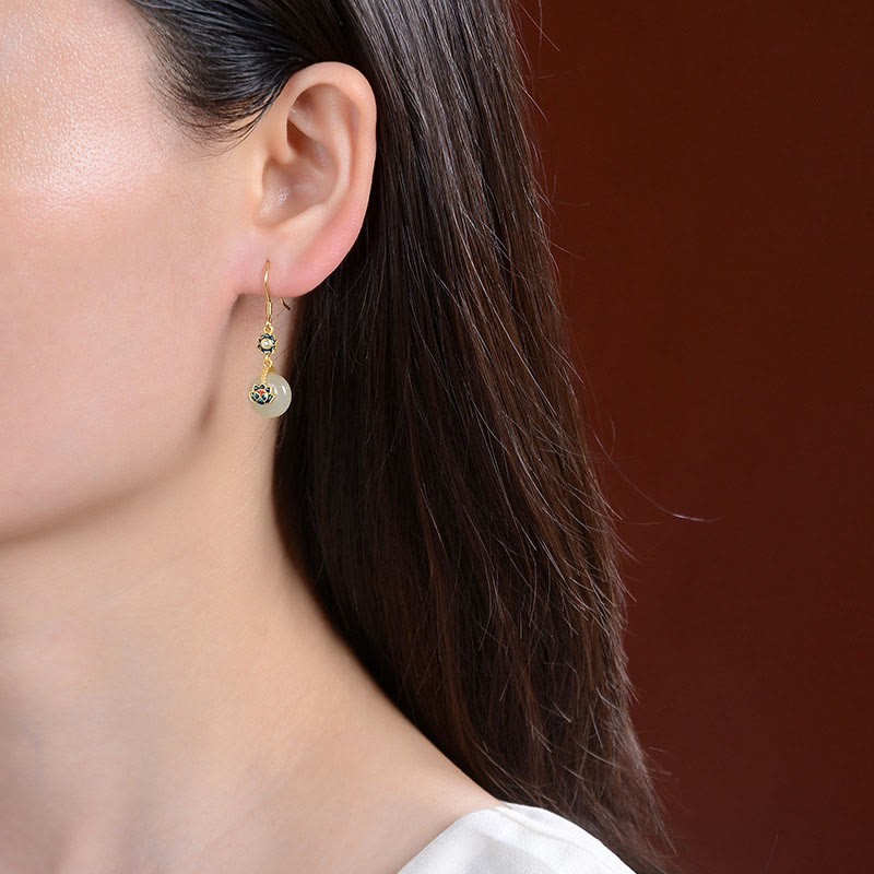 925 Sterling Silver Plated Gold Hetian Jade Lotus Luck Ring Earrings Set