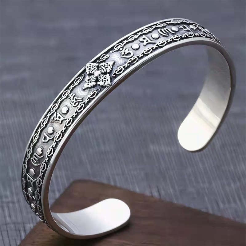 925 Sterling Silver Om Mani Padme Hum Double Dorje Engraved Wisdom Cuff Bracelet Bangle