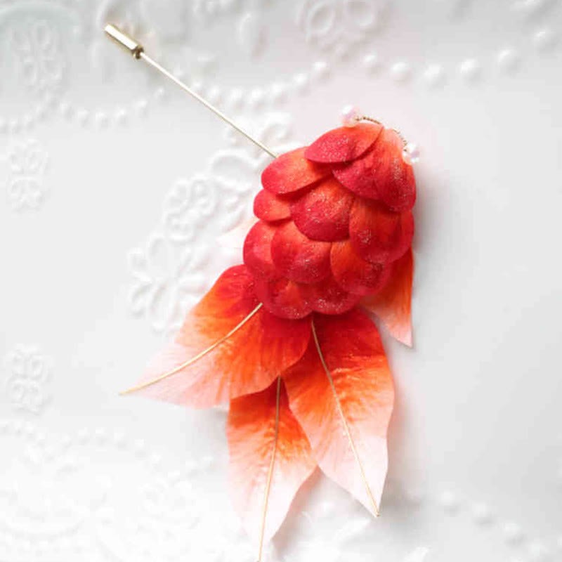 Handmade Yangzhou Velvet Flower Mulberry Silk Red Koi Fish Leaves Brooch Hair Clip
