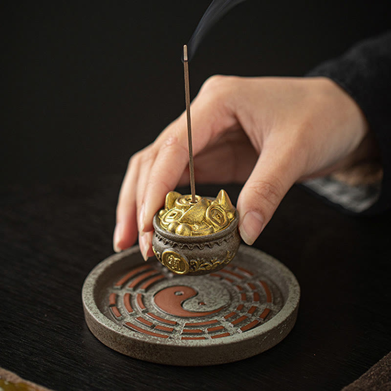 Small Treasure Bowl Lucky Bag Bagua Tray Healing Ceramic Stick Incense Burner Decoration