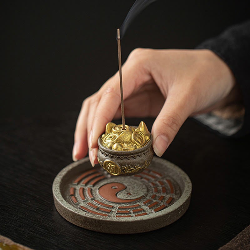 Small Treasure Bowl Lucky Bag Bagua Tray Healing Ceramic Stick Incense Burner Decoration