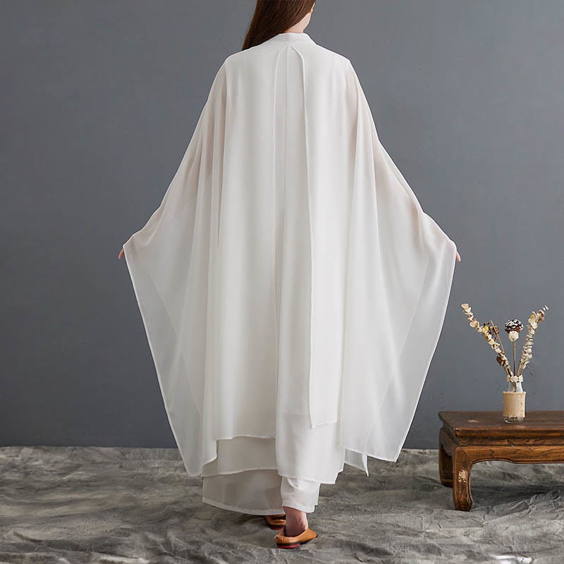 2Pcs Frog-Button Long Sleeve Midi Dress Wide Leg Pants Chiffon Zen Women's Set