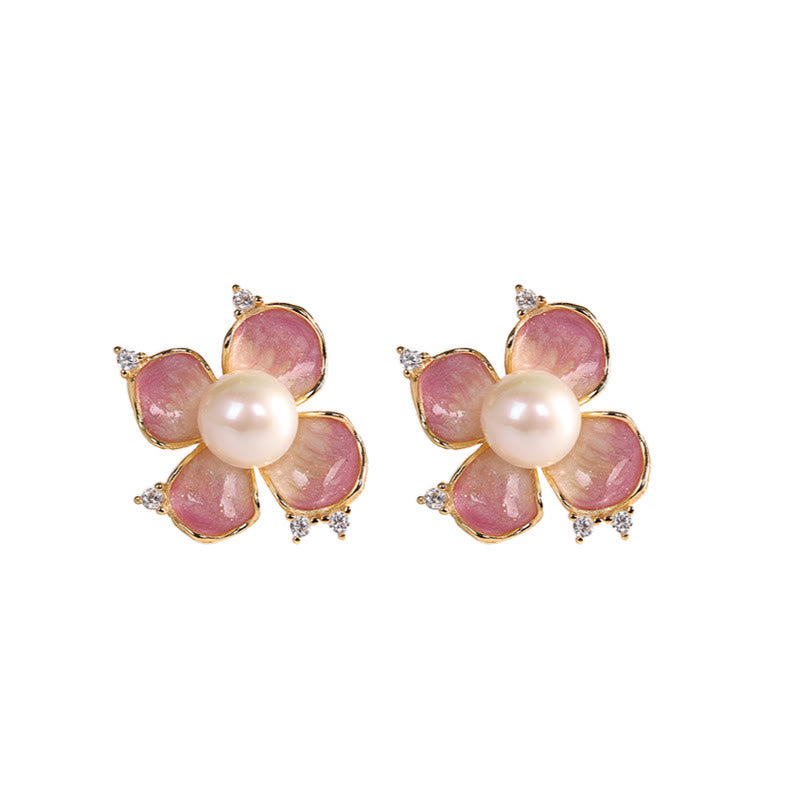 925 Sterling Silver Pearl Red Flower Petals Design Wisdom Necklace Pendant Earrings Set