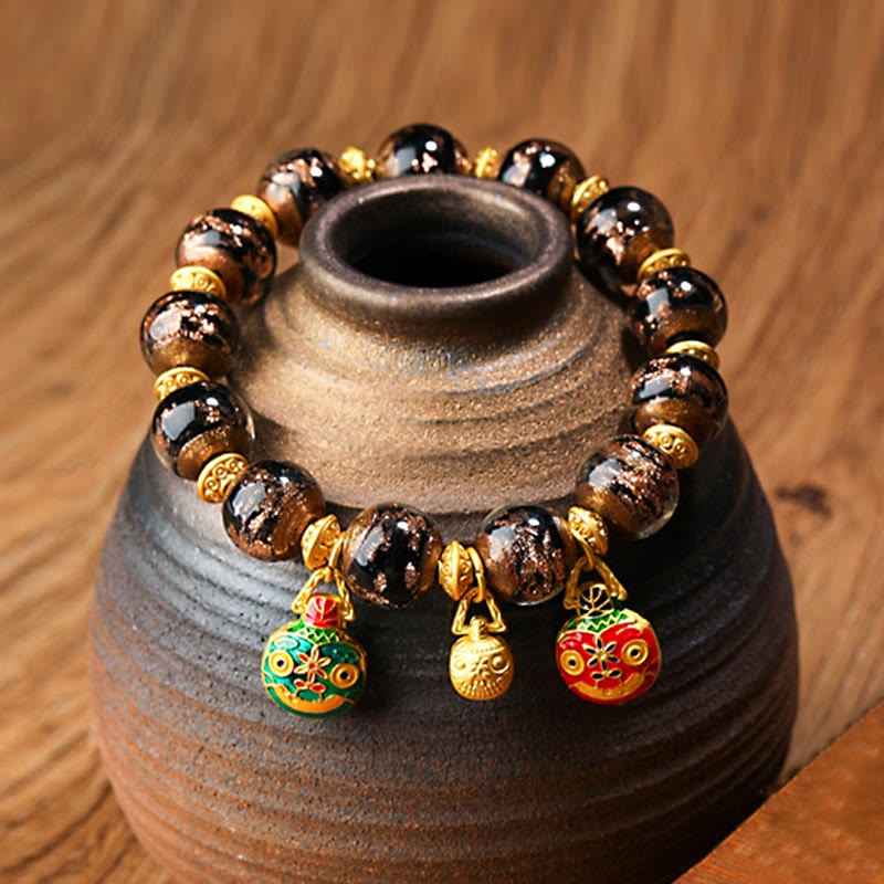 Gold Swallowing Beast Family Charm Liuli Glass Bead Fortune Bracelet