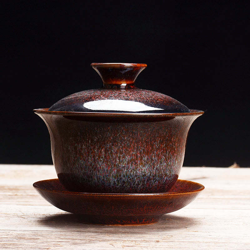 Vintage Kiln Change Design Ceramic Gaiwan Sancai Teacup Kung Fu Tea Cup And Saucer With Lid