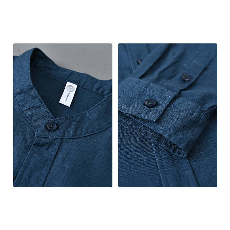 Men's Long Sleeve Stand Collar With Pocket Pure Color Casual Cotton Linen Shirt