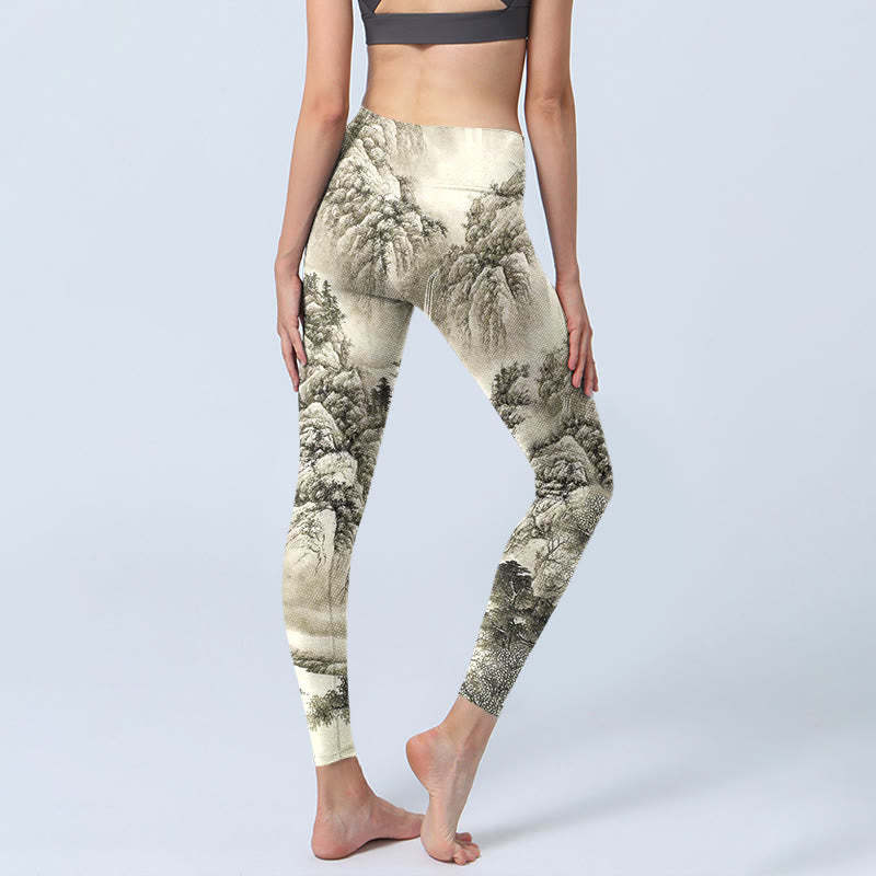 Mountain Tree River Scenery Print Sports Leggings Women's Yoga Pants